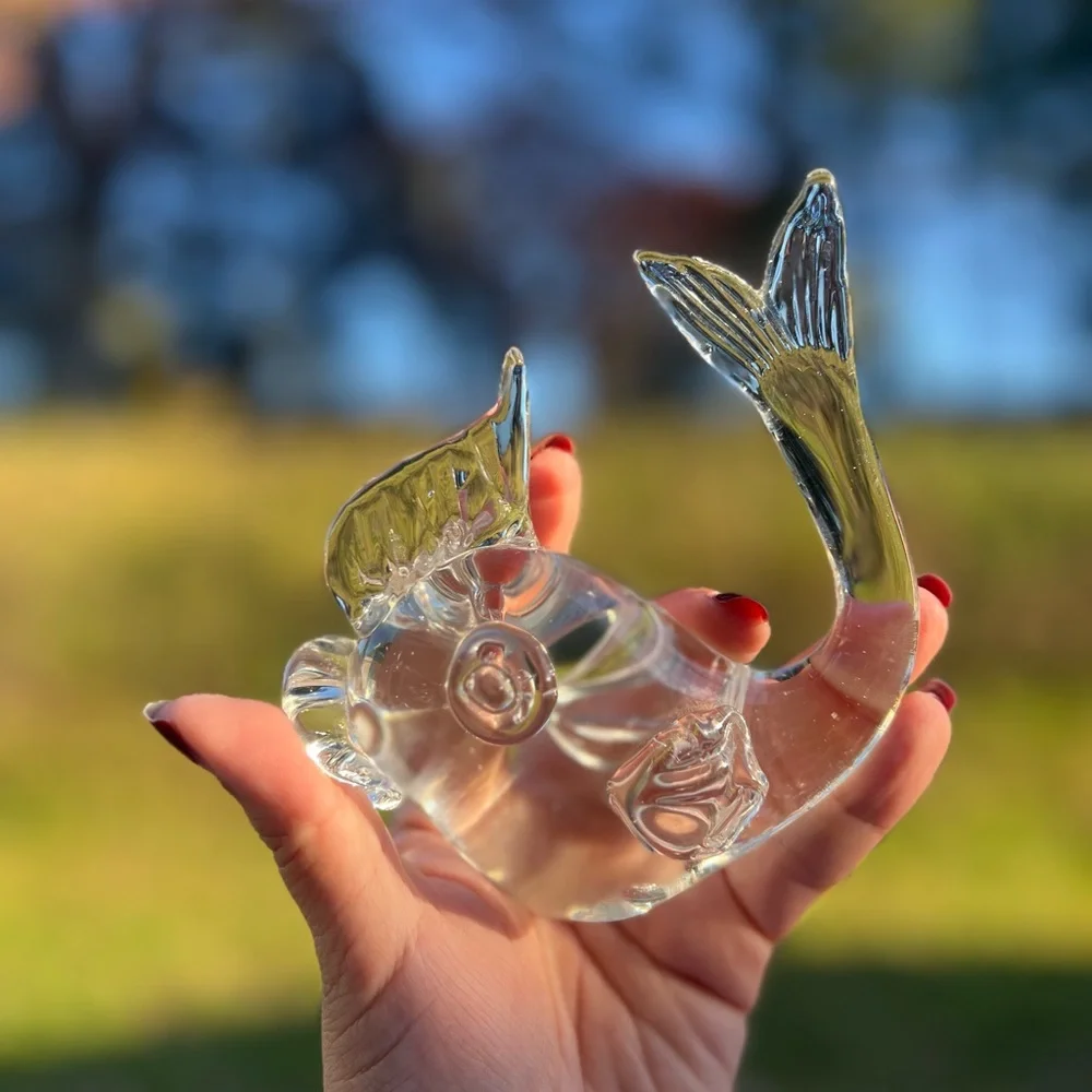 Hand Blown Glass Fish Paperweight Clear 4.5x4 Inches (lil Chip On Tummy)